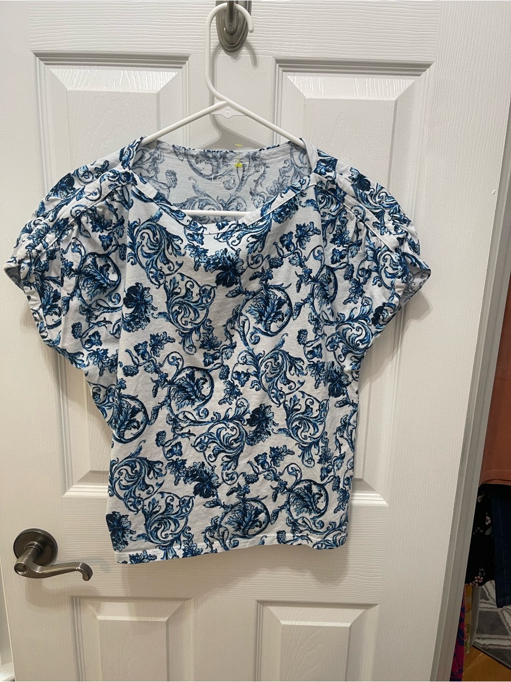 LOFT White Short Sleeve Top with Navy Blue Floral Scroll Print